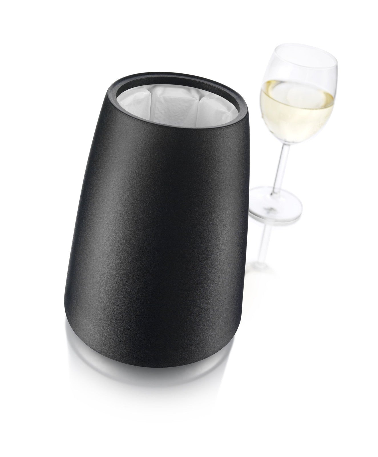 Vacu Vin Elegant Black wine cooler and bottle chiller with freezer gel for keeping wine cold, shown in a close-up image.