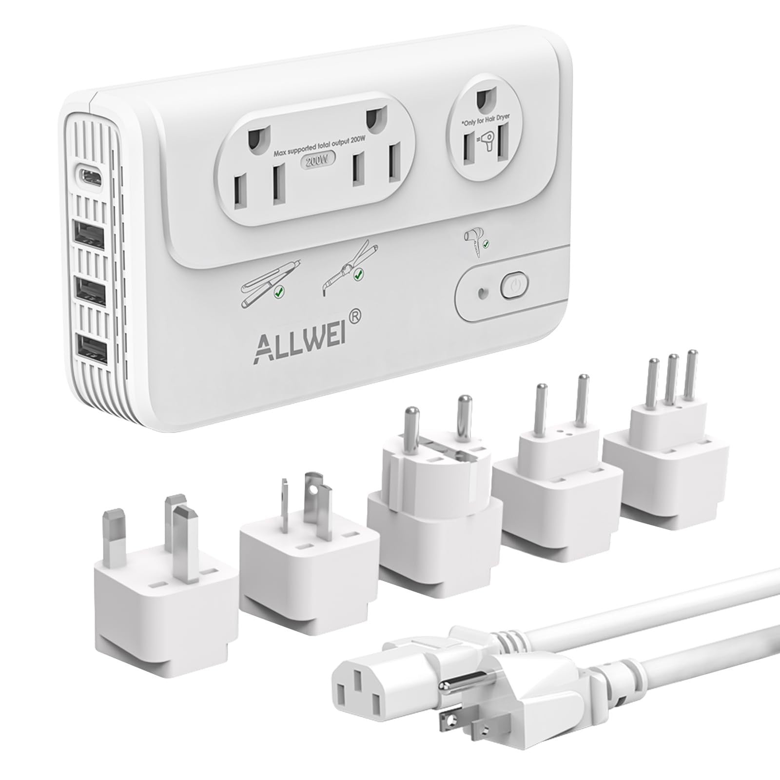 ALLWEI 2000W travel voltage converter converting 220V to 110V for European travel, with a compact design and power input port.