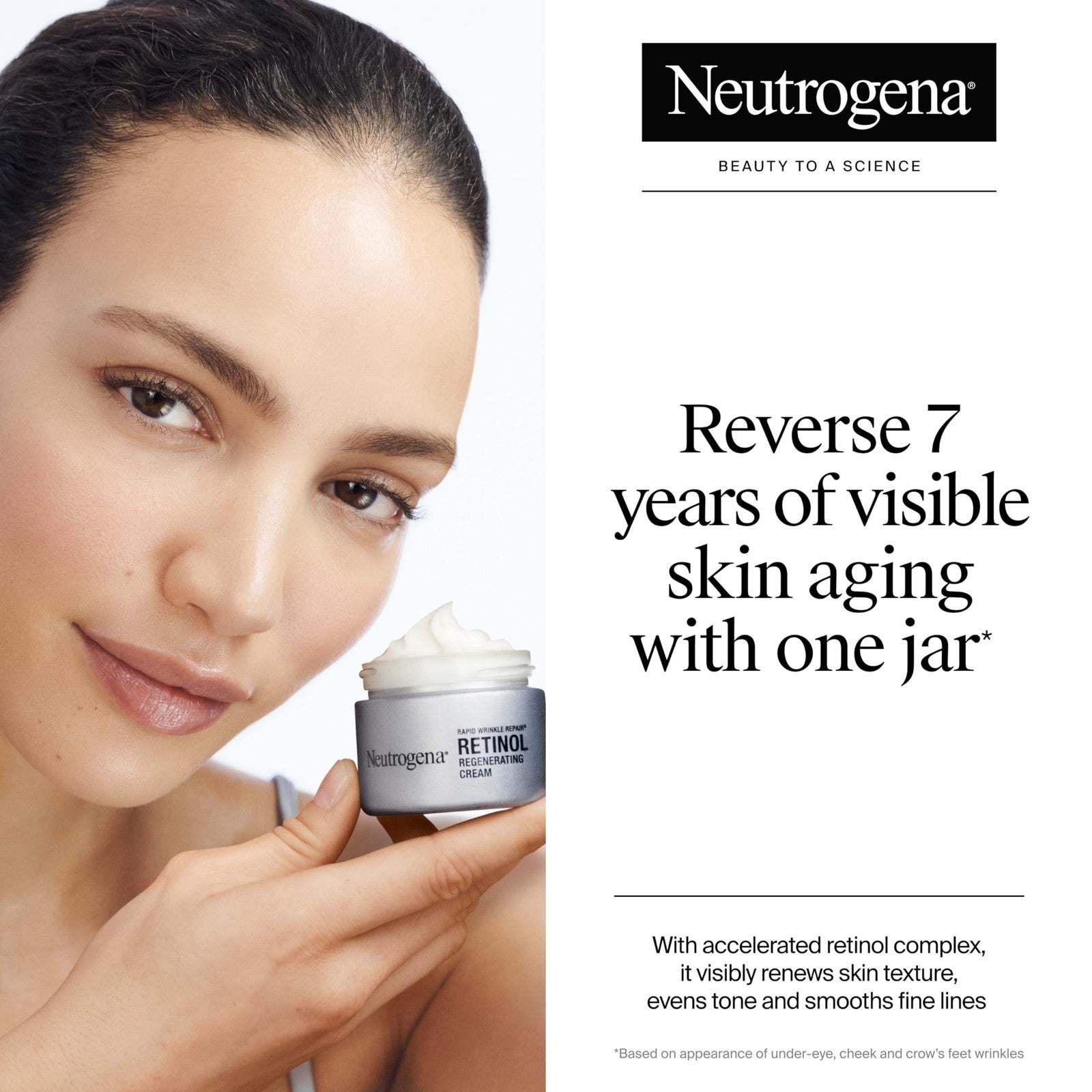 Neutrogena Rapid Wrinkle Repair Retinol face moisturizer in a white jar with green and gold accents, showing the product label.