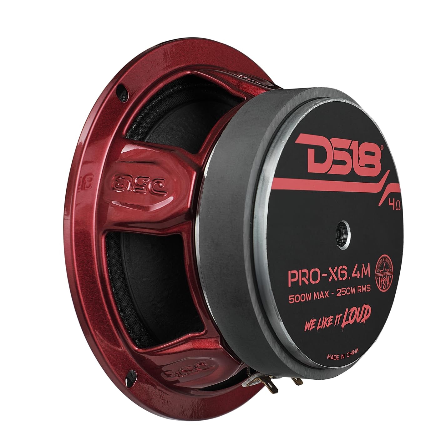 DS18 Pro-X6.4M 6.5-inch red aluminum midrange loudspeaker with 500W max power, showcasing its bullet design and robust build.