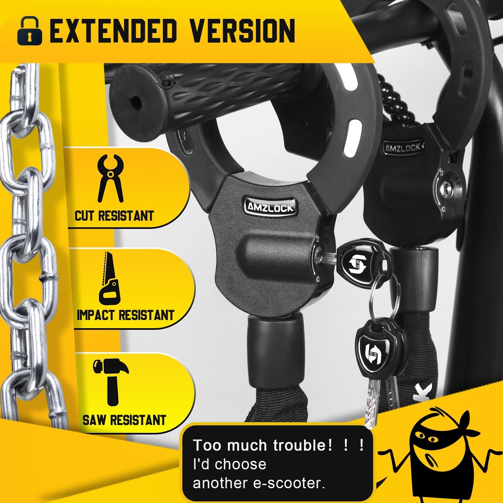 AMZLOCK electric scooter lock with heavy-duty 5/16" chain for anti-theft security, scooter accessories, and durable locking solution