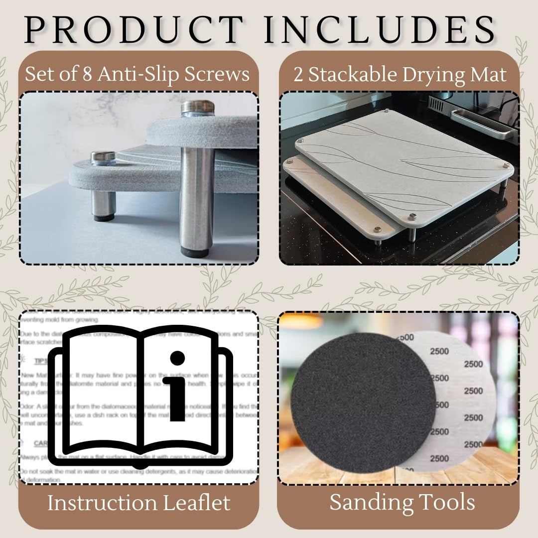 Two Crafty Witty nesting stone drying mats for kitchen counters, designed for fast drying and water absorption.