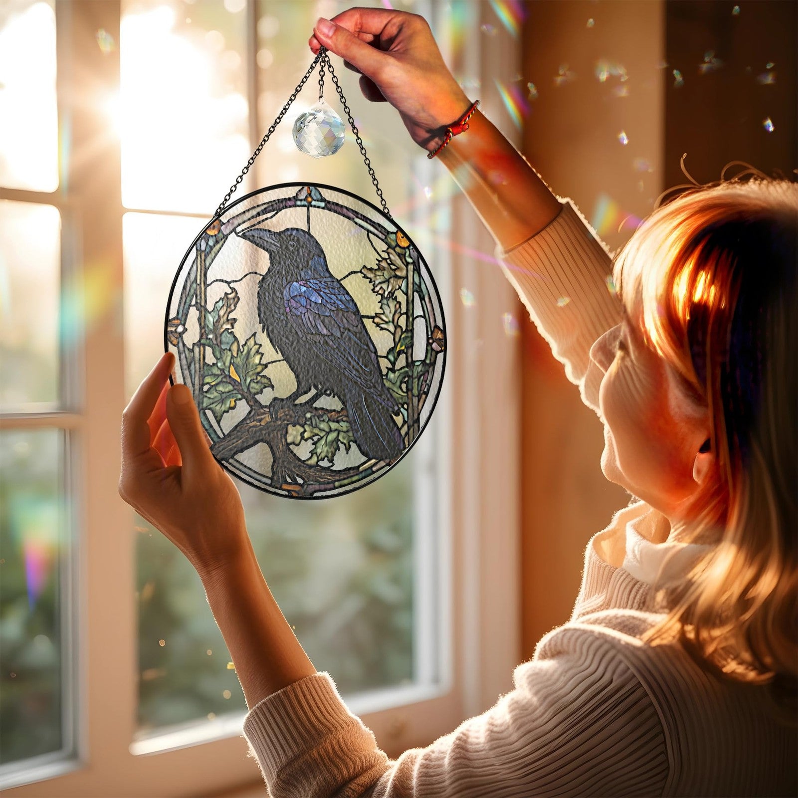 Vinatimes 7.8-inch crow stained glass suncatcher with gothic raven design, decorative art glass for indoor sun catchers.