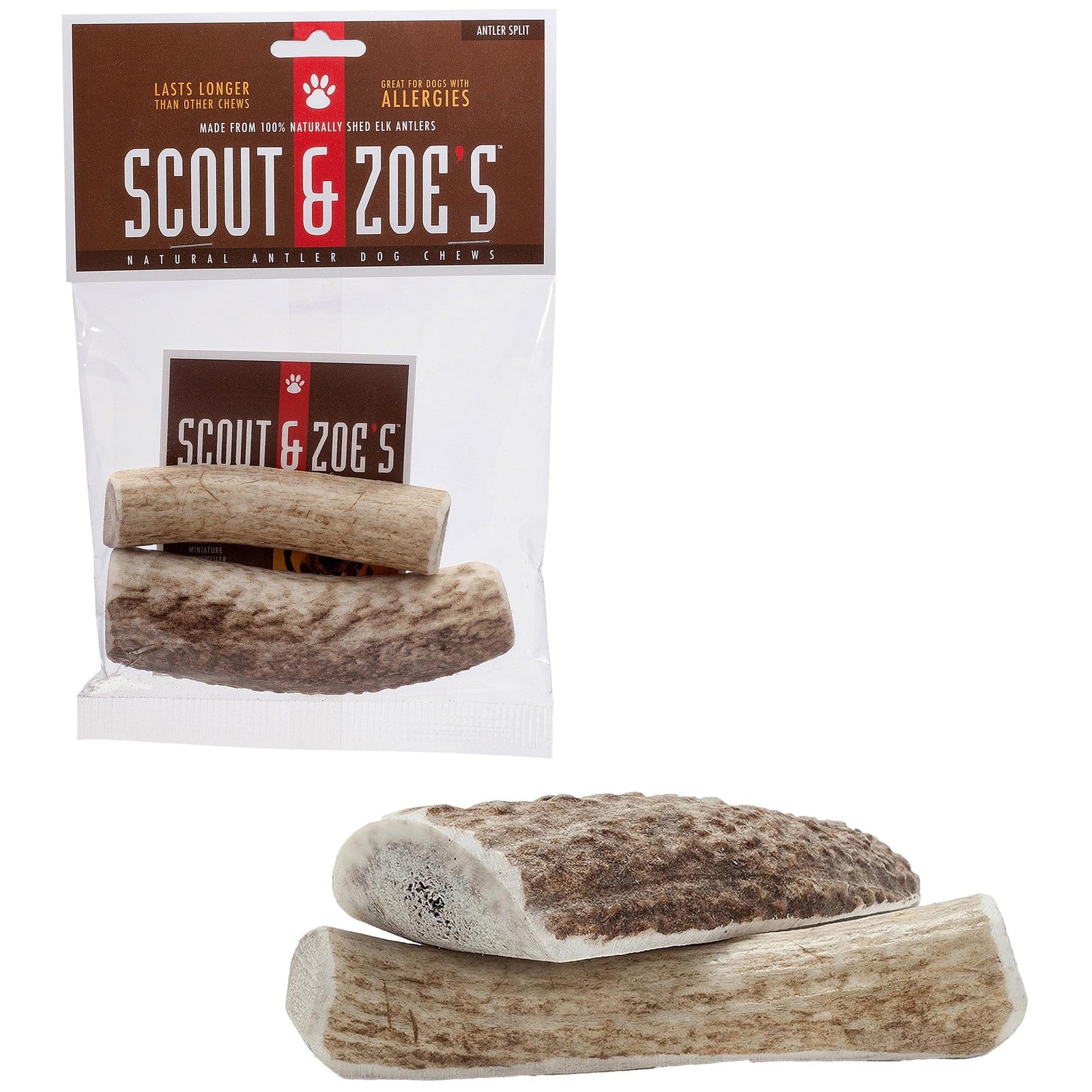 Scout & Zoe's Antler Splits for dogs, showing natural antler treats with textured surface and split ends for chewing.