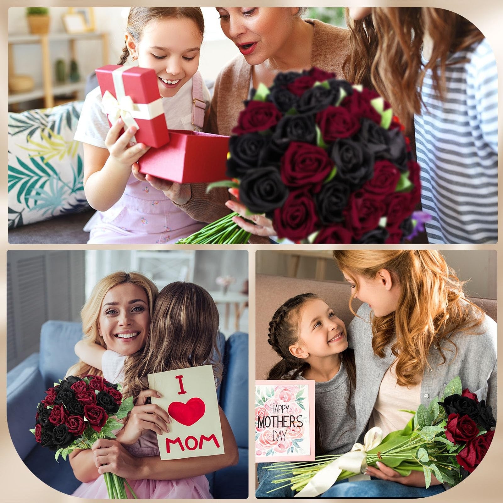 Ovveroche 80-pack of silk artificial roses in black and red, showcasing realistic flower details and vibrant color contrast.