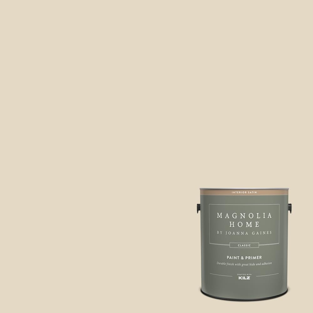 KILZ Magnolia Home by Joanna Gaines classic interior wall and ceiling trim paint and primer, creamy white finish on trim.