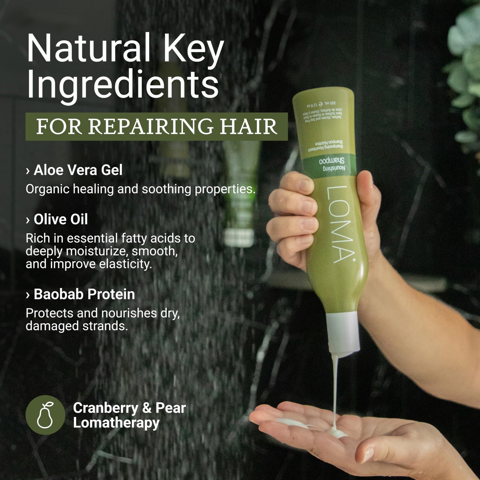 Loma Nourishing Shampoo 33 oz bottle with organic, sulfate-free, gluten-free, and paraben-free formula, shown in the image.