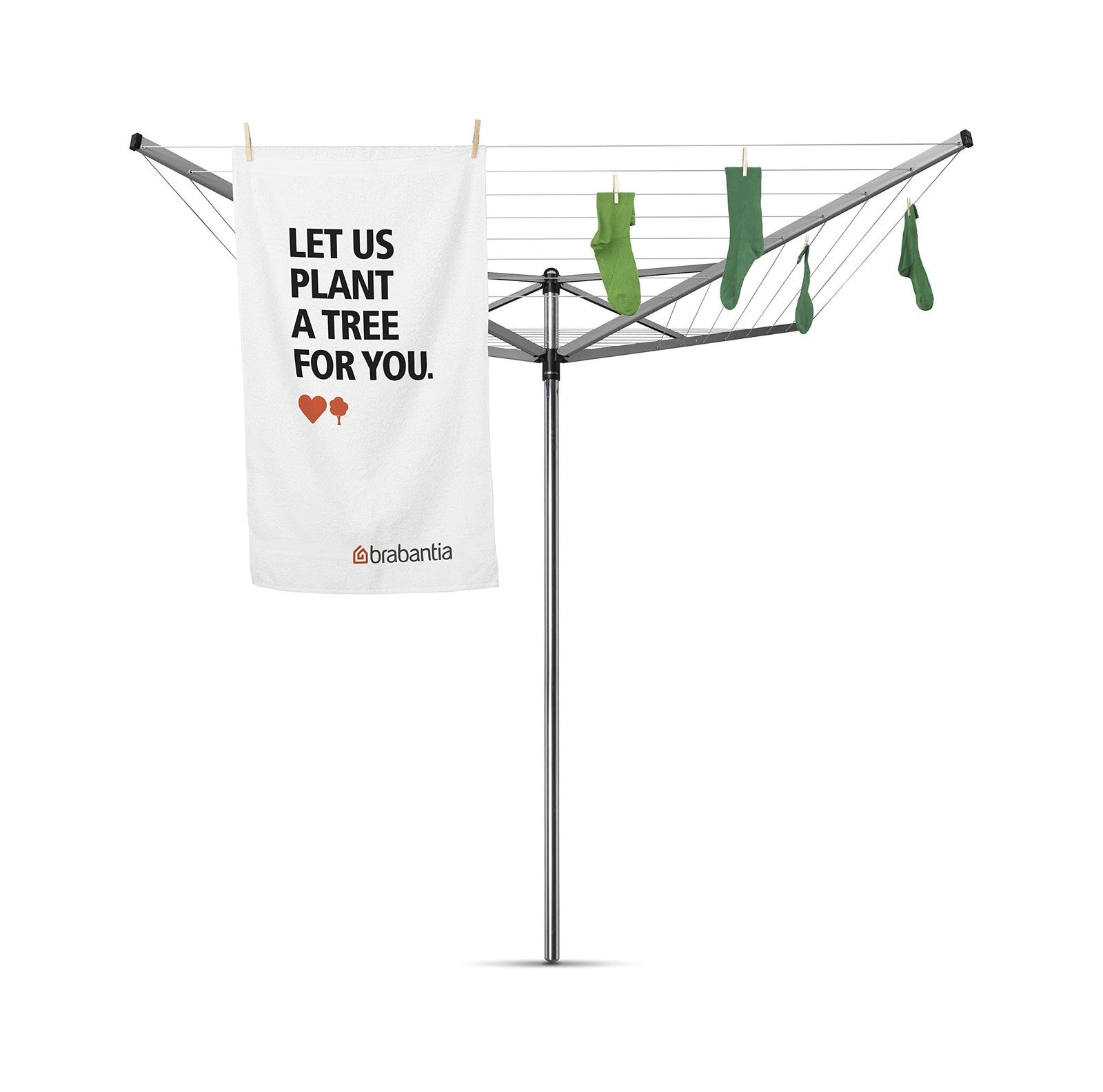 Brabantia Topspinner 4-arm outdoor clothesline with 197ft drying space, rotating and folding for easy outdoor laundry drying.