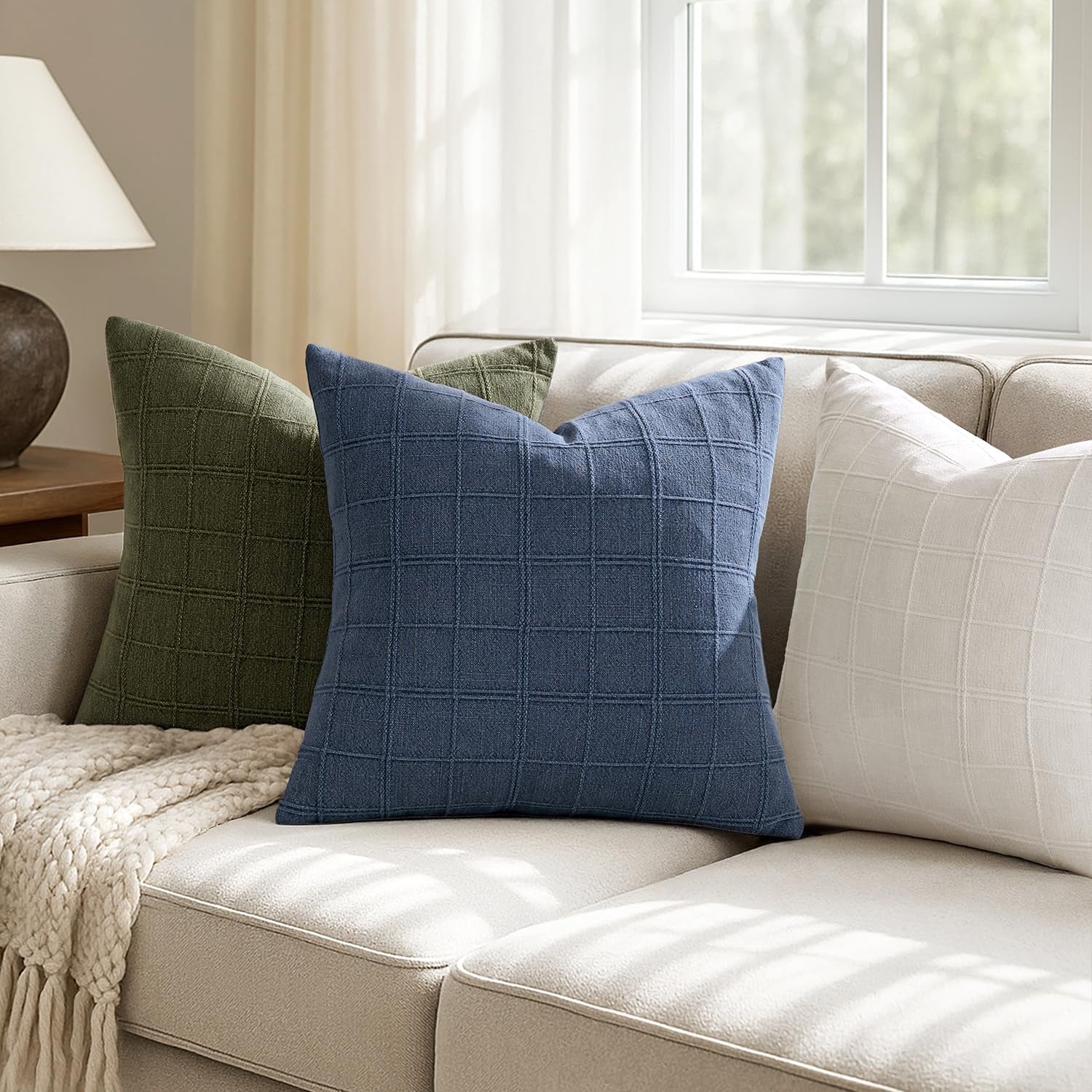 Woaboy linen check throw pillow covers set of 2, 26x26 inches, blue farmhouse style with classic check pattern.