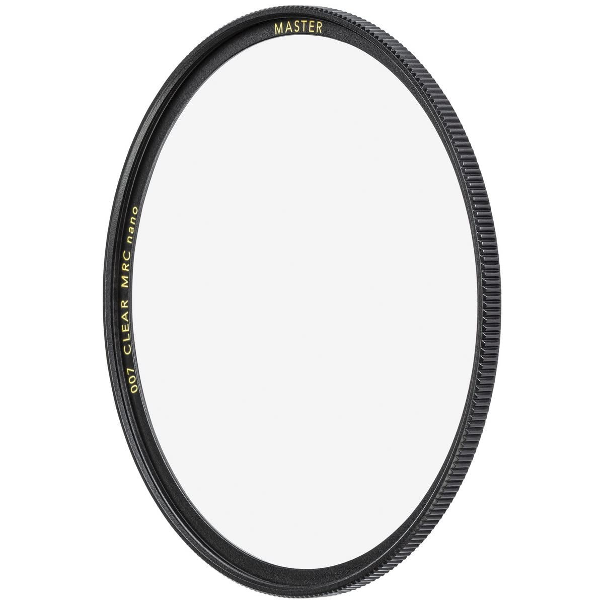 B+W 55mm Master Clear MRC Nano 007M glass filter mounted on camera lens, showcasing high-quality protective filter with smooth edges
