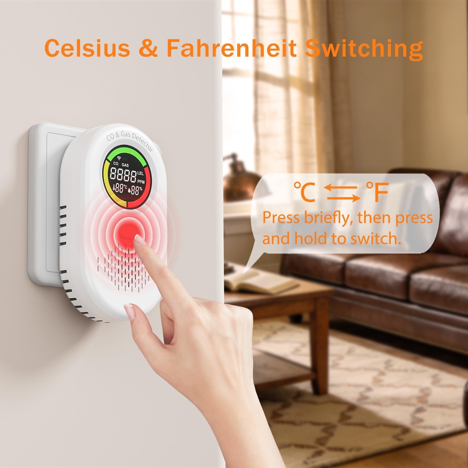 Zealme 4-in-1 carbon monoxide and natural gas leak detector with digital display and alarm for home safety.