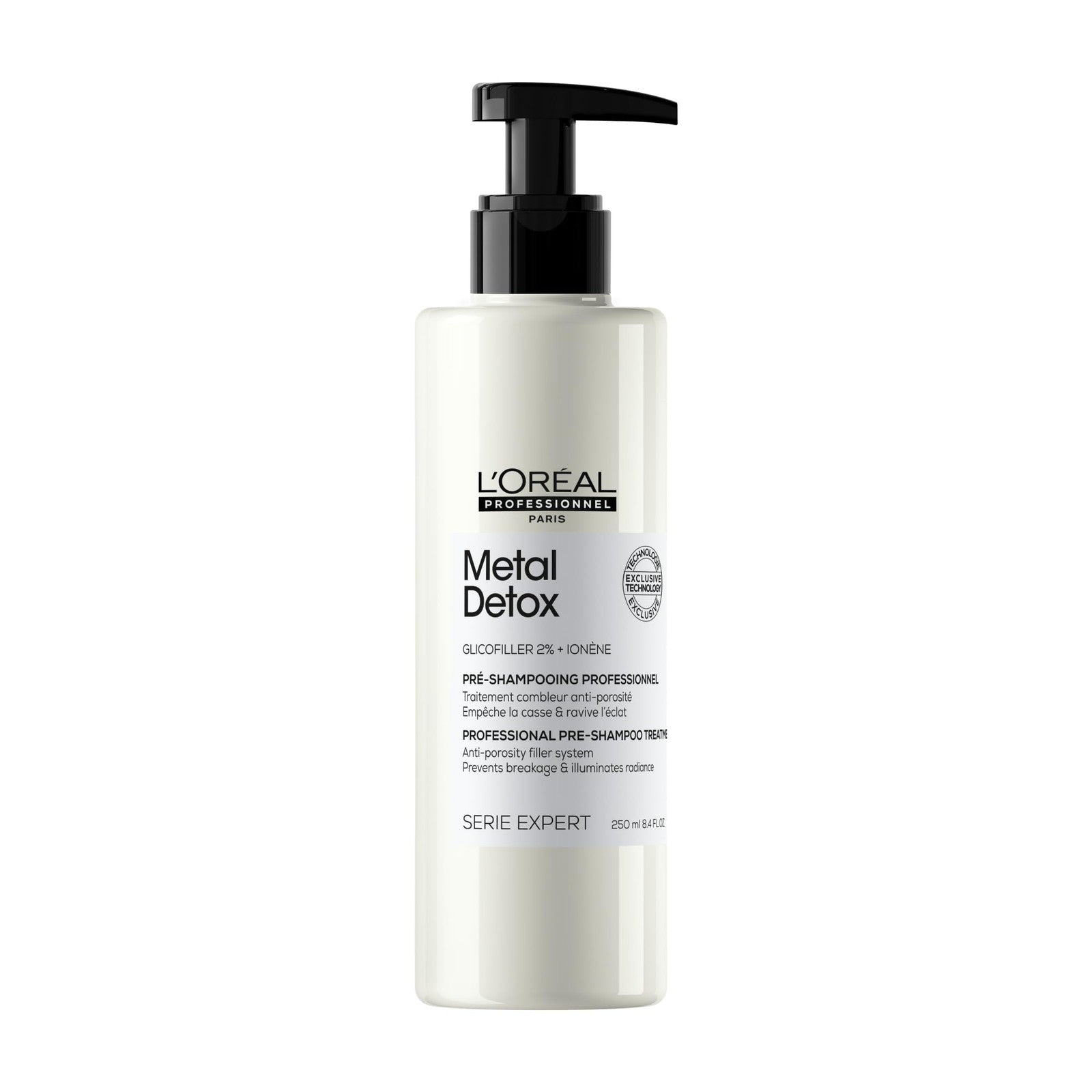 L'Oréal Professionnel Metal Detox Pre-Treatment bottle for strengthening and refilling hair, with a sleek design and product label.