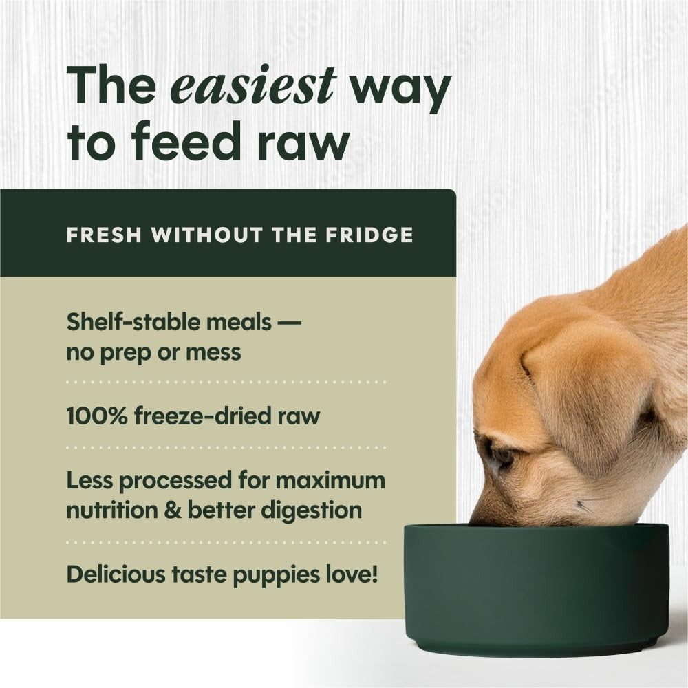 Instinct Puppy Freeze-Dried Dog Food with chicken, grain-free, 3x more meat, shown in a close-up of the dog food pieces.