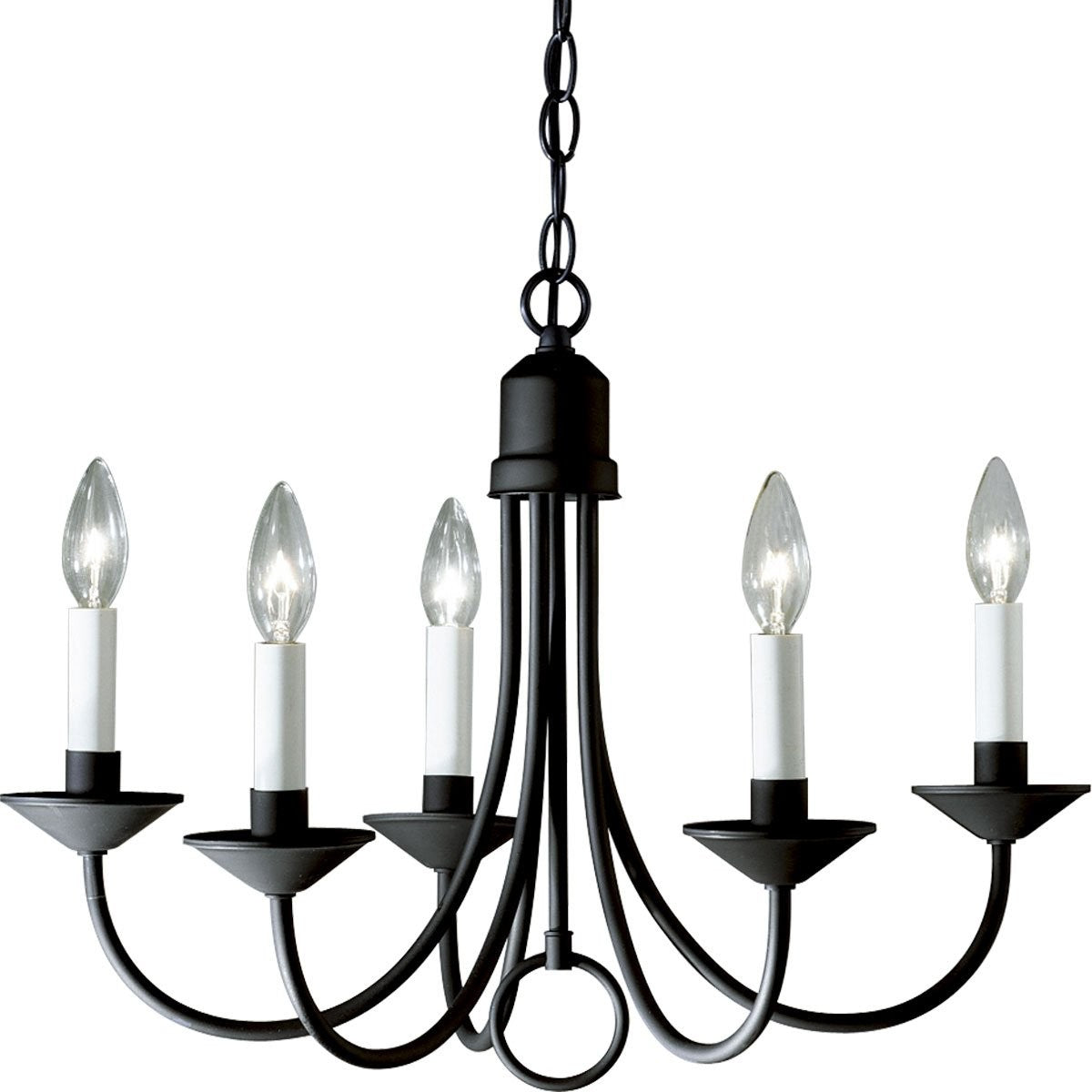 Progress Lighting five-light white candle chandelier with traditional design, featuring elegant candle-style lights and classic white finish.