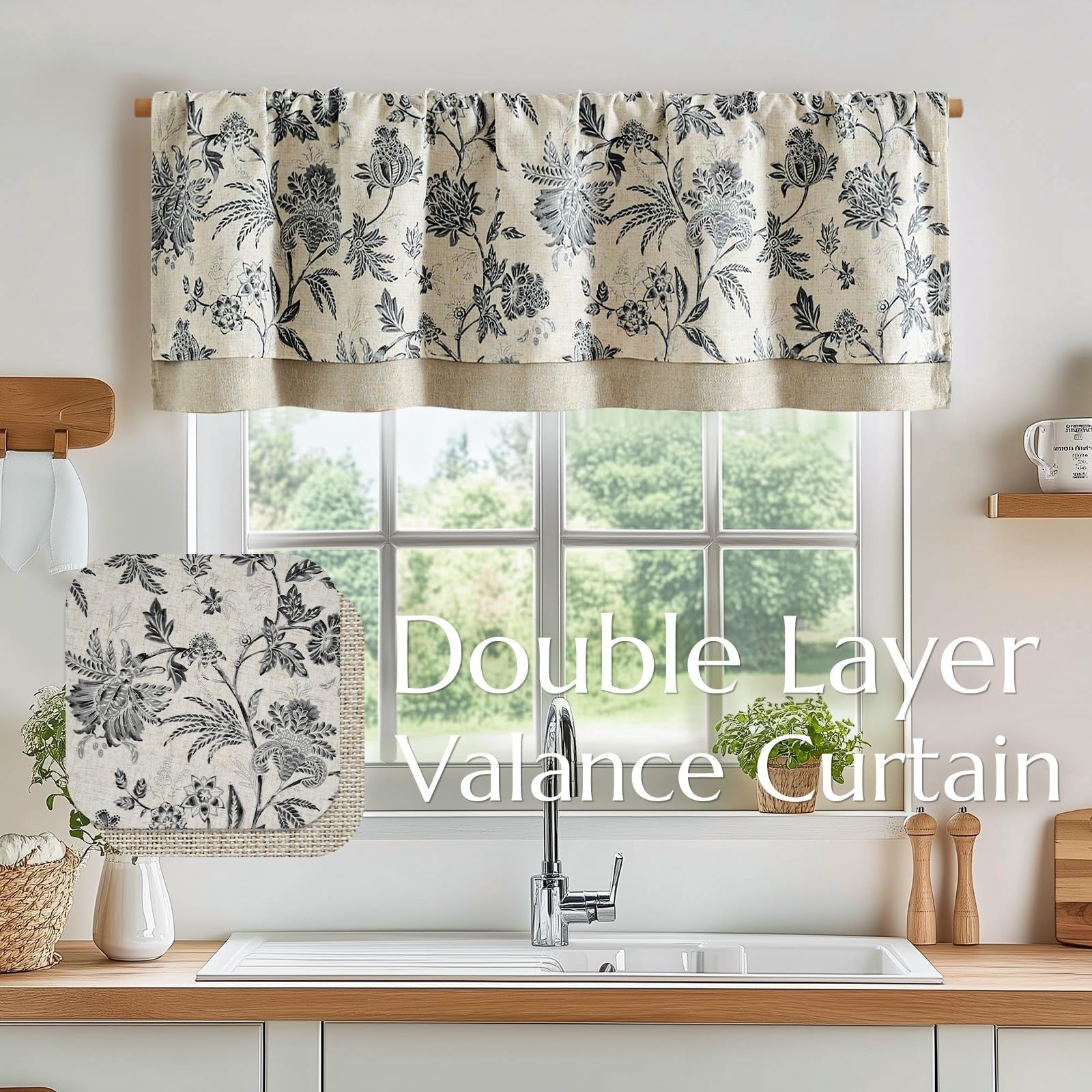 Vangao linen farmhouse floral valance curtain with small window design, featuring cottage-style fabric and double-layer detail.