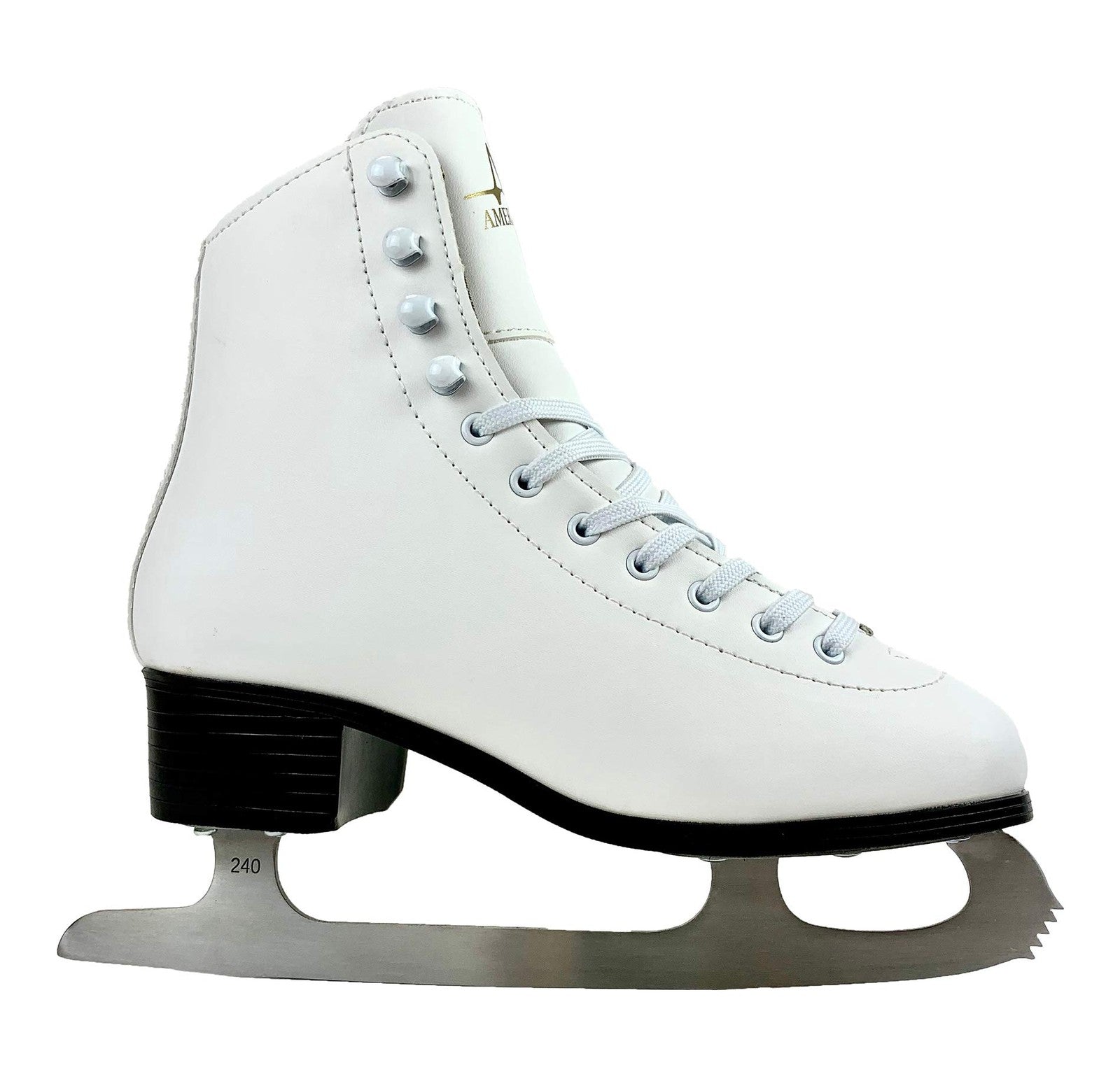 American Athletic tricot lined women's ice skates with white figure skate boots and silver blades, ideal for recreational skating.