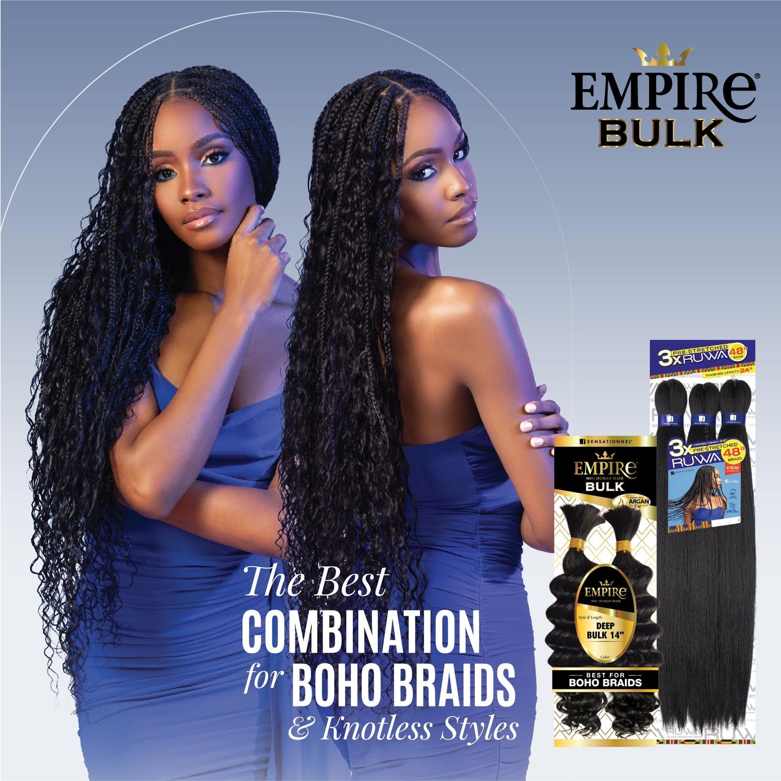 Sensational Empire Bulk Braiding by Sensationnel, deep human hair for knotless boho box braids, shown in natural braid style.