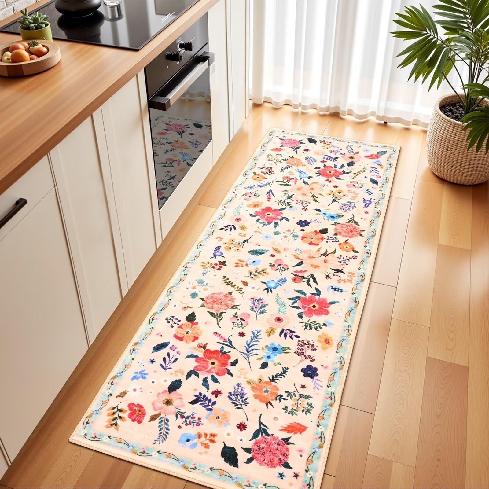 Macgace floral runner rug with washable flower print and non-slip backing, ideal for hallway or kitchen flooring.