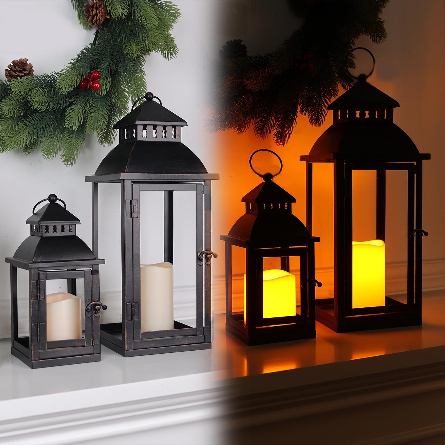 NEEDOMO LED lanterns set of 2 large bronze metal decorative outdoor and indoor lanterns with handles and intricate design details