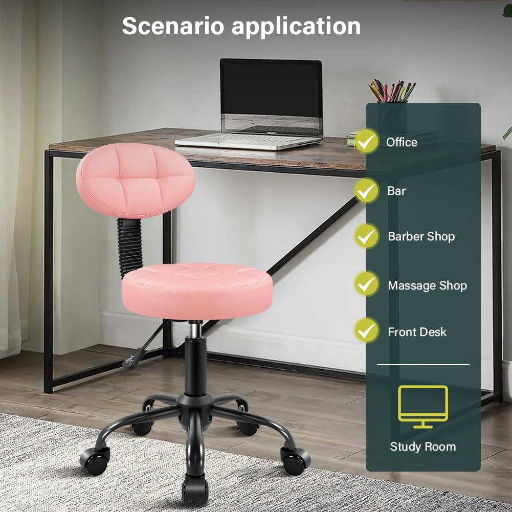 BFTOU round adjustable stool with backrest, suitable for work, spa, or home massage, featuring a height-adjustable design.