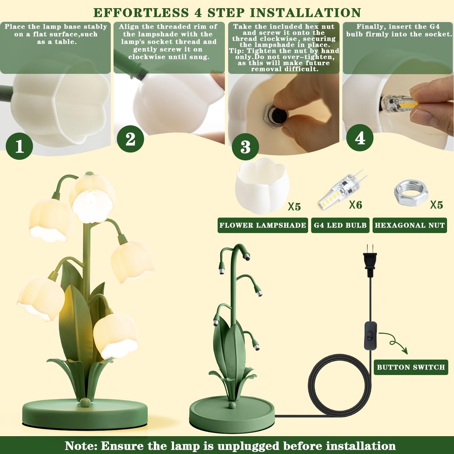 WERFOP Lily of The Valley green flower lamp as a 3-color bedside night light, decorative floral accent for bedroom or living space.
