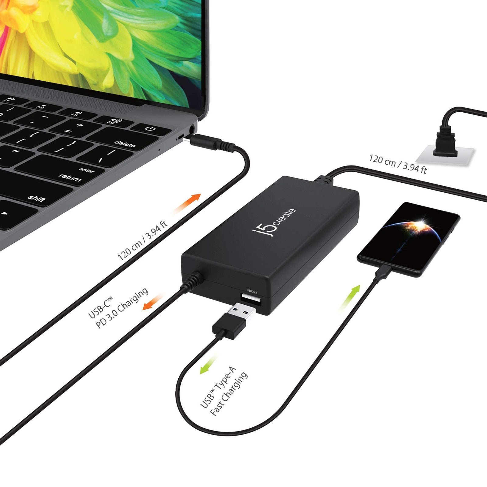 j5create USB Type C PD 100W fast charger for MacBook Pro, Chromebook, and laptops, showing the compact charger with cable attached.