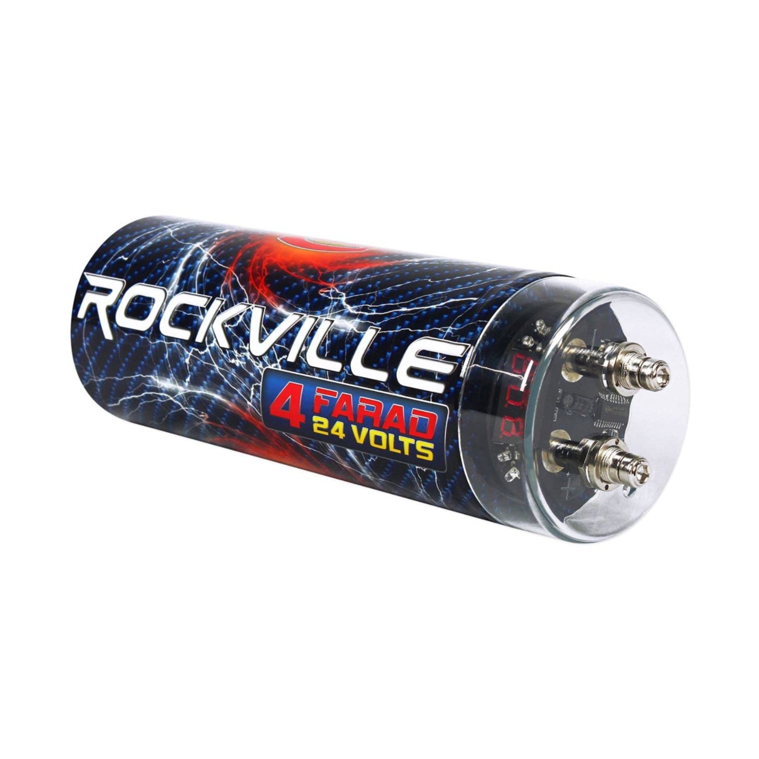 Rockville RXC4D 4 Farad digital car capacitor with blue LED voltage display showing the device and LED screen.