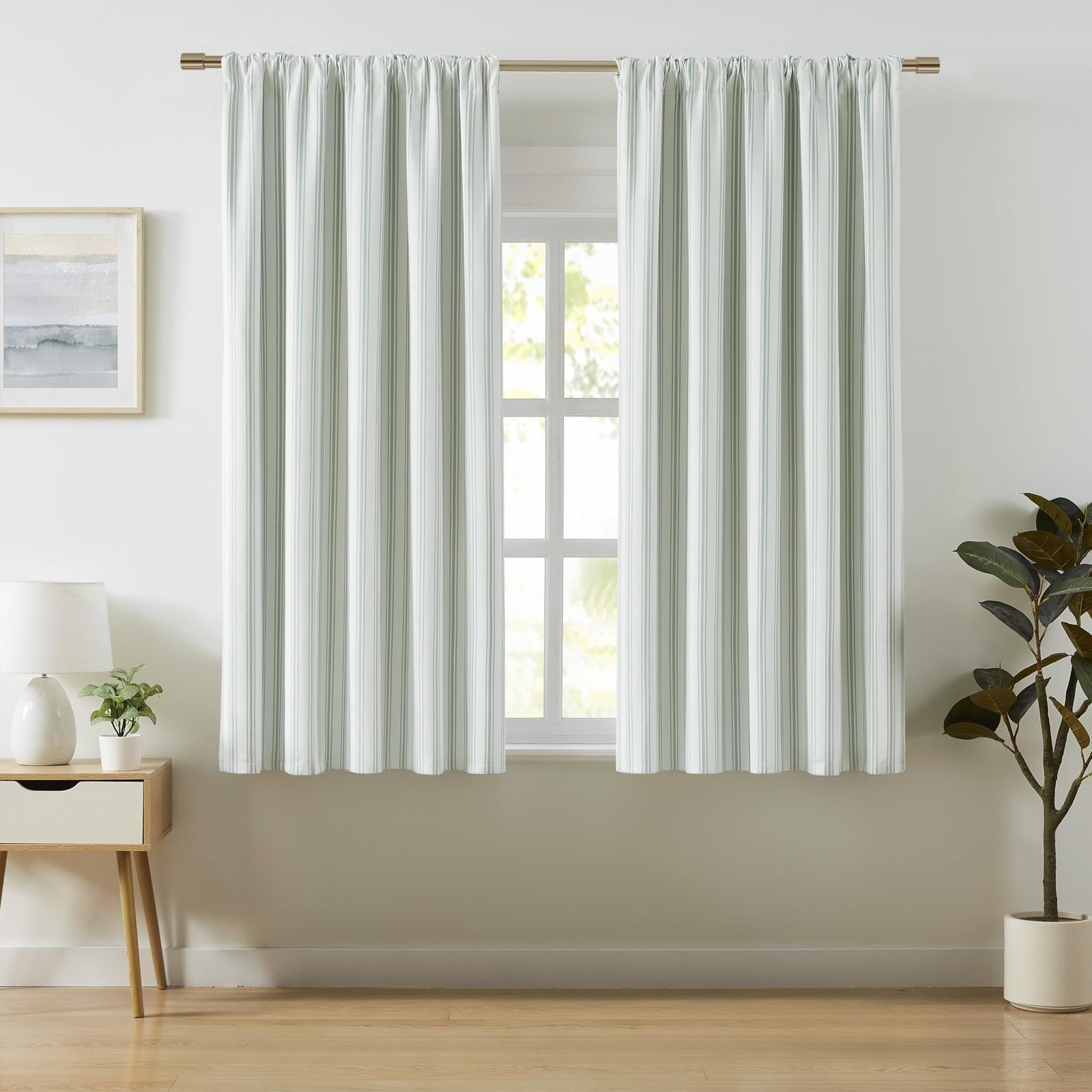 Green and white striped cotton blend blackout curtains by ZJDECOR, full blackout drapes measuring 63 inches.