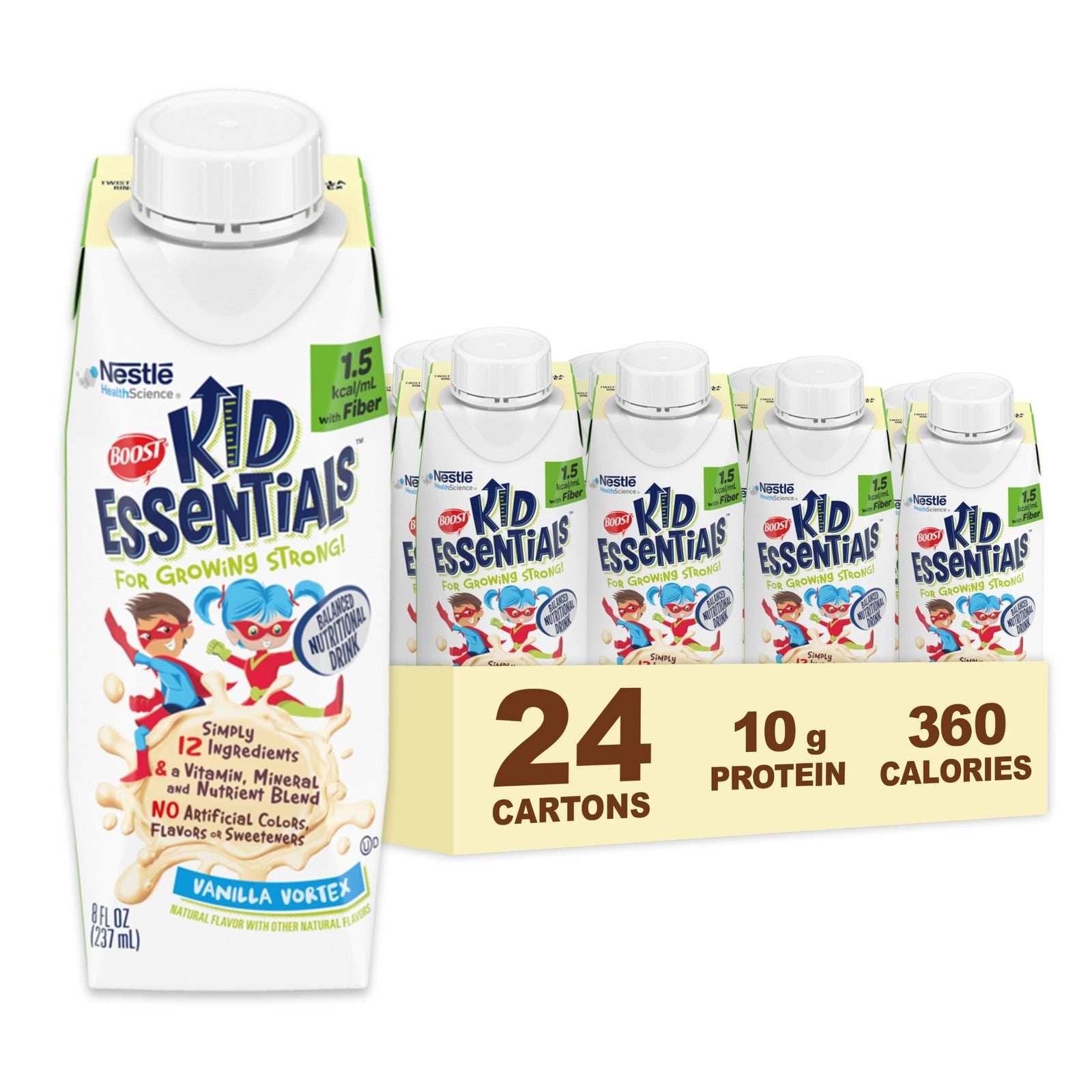Boost Kid Essentials 1.5 with Fiber in Vanilla Vortex flavor, showing a can of nutritional supplement for children.