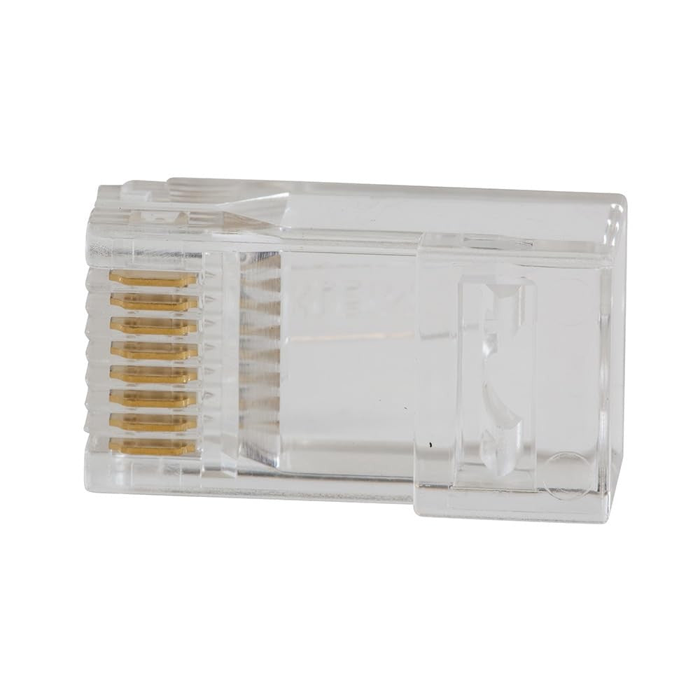 Klein Tools VDV826-702 Pass-Thru Modular Data Plug with RJ45 CAT5E Gold Connectors, showing the gold-plated connectors and plastic body.