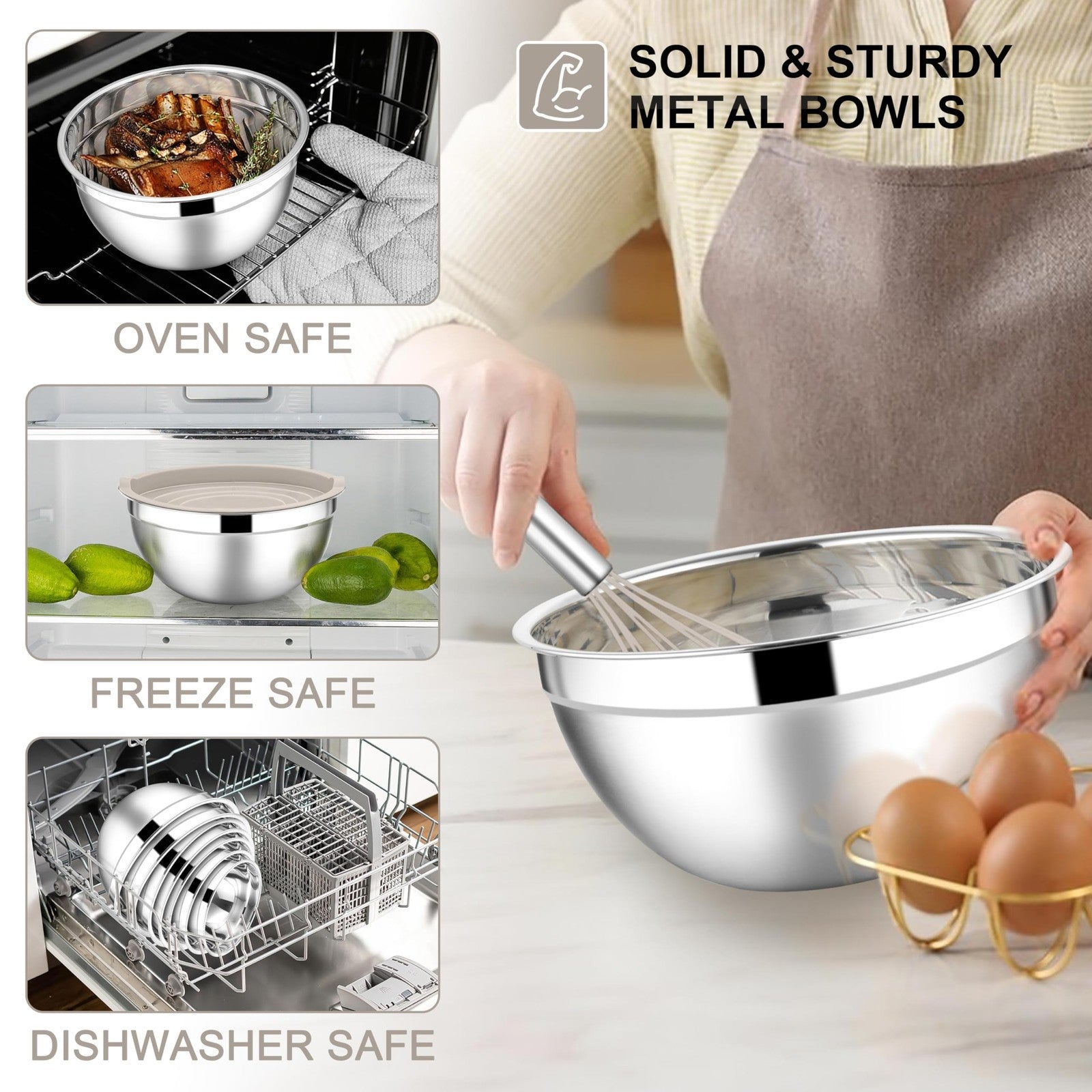 E-far 21-piece stainless steel mixing bowls set with lids, includes various salad and prep bowls in a sleek, durable design.