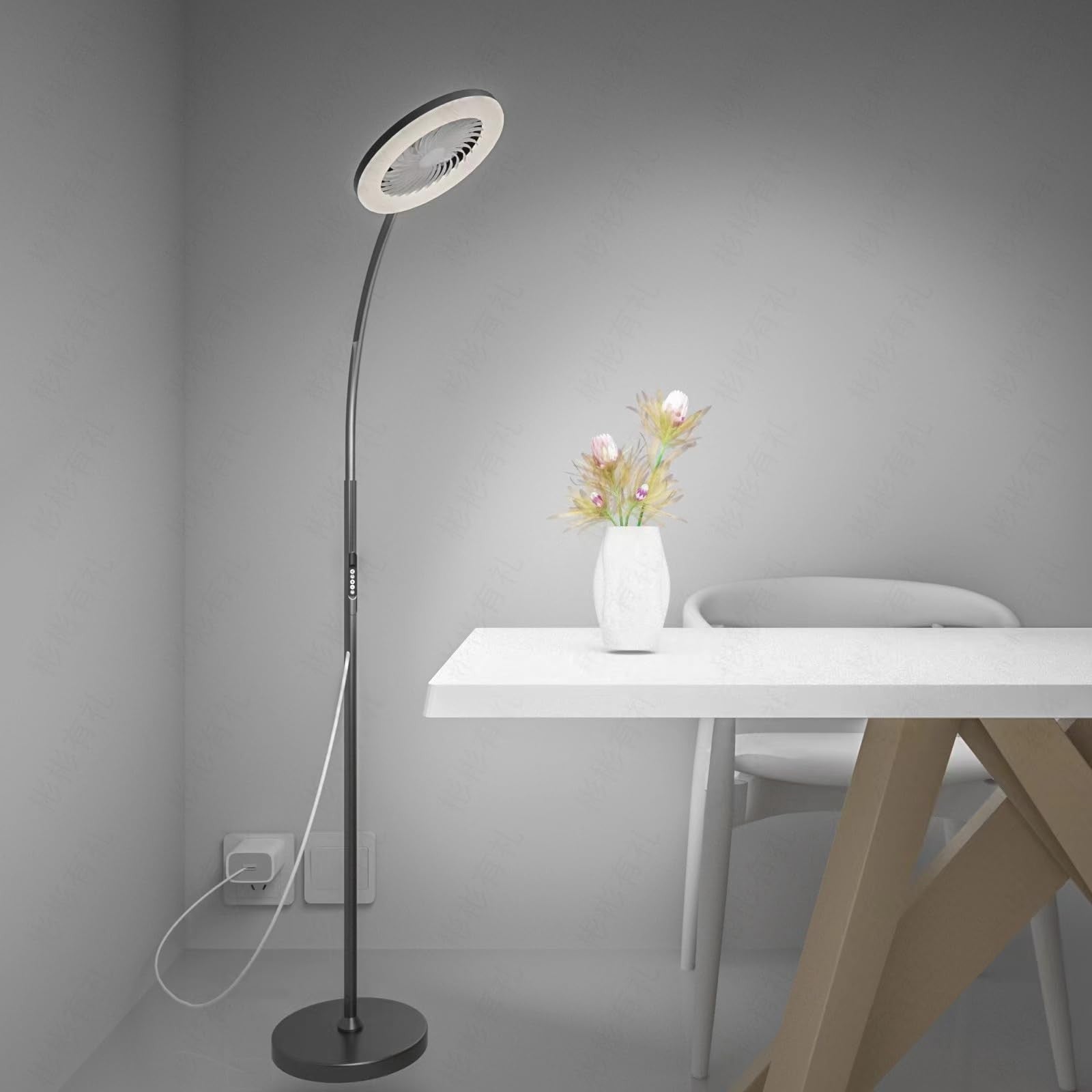 ONIDEK pedestal fan and floor lamp with RGB lighting, 18W, 1500 lumens, 3-speed adjustable stand, ideal for bedroom use
