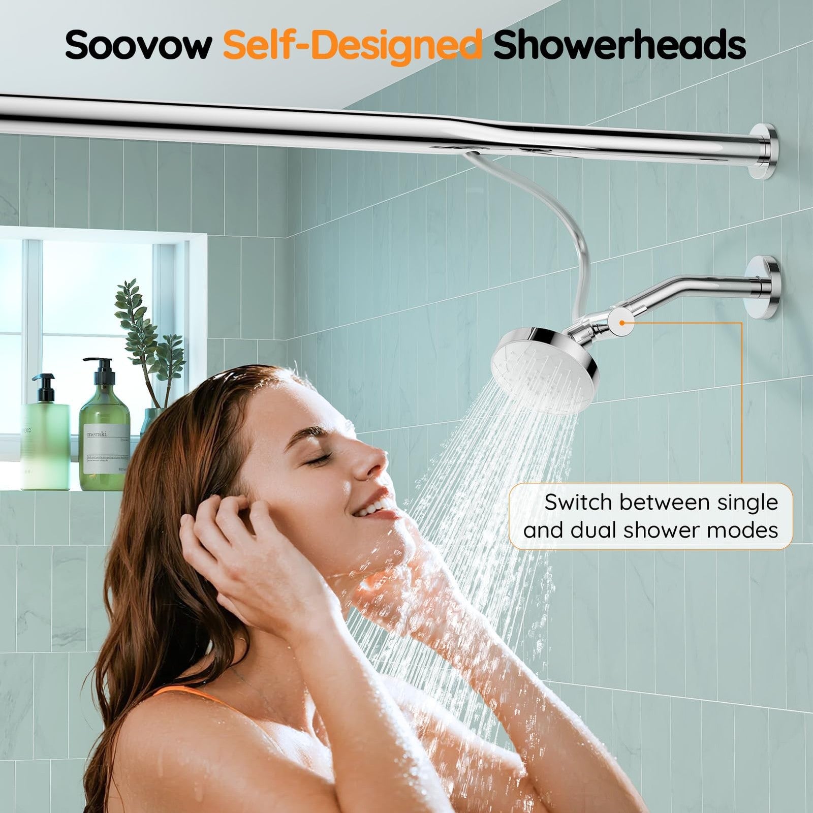 Dual shower head system for couples with two adjustable shower heads, providing a relaxing double shower experience.