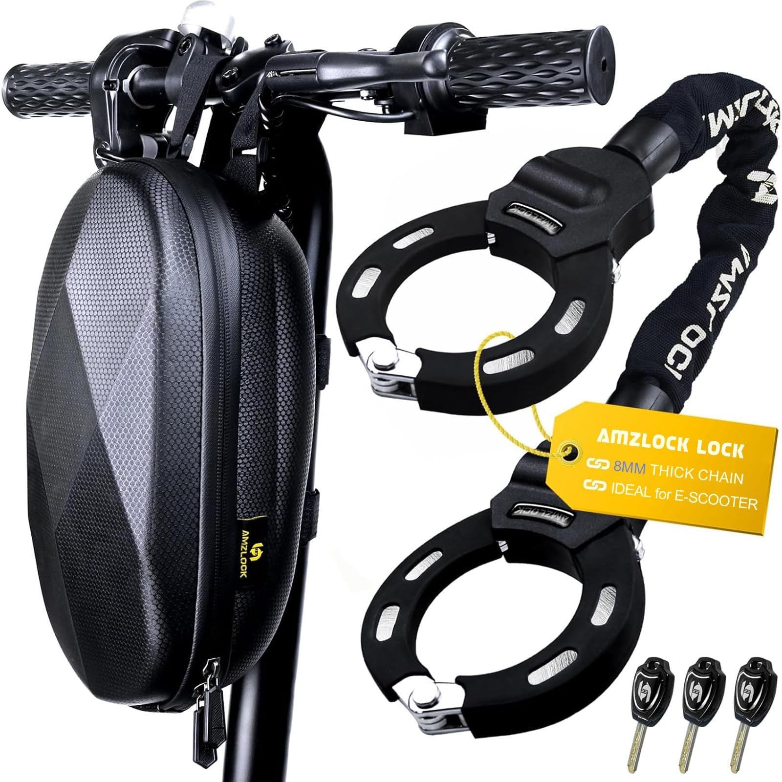 AMZLOCK electric scooter lock with heavy-duty 5/16" chain for anti-theft security, shown coiled and ready for use.