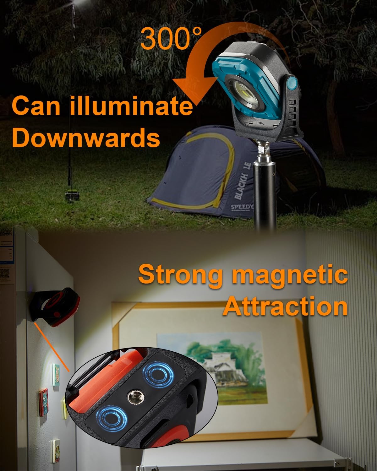 SUNREI 1300LM LED magnetic work light with adjustable brightness and 7800mAh COB battery, suitable for industrial and workshop use.