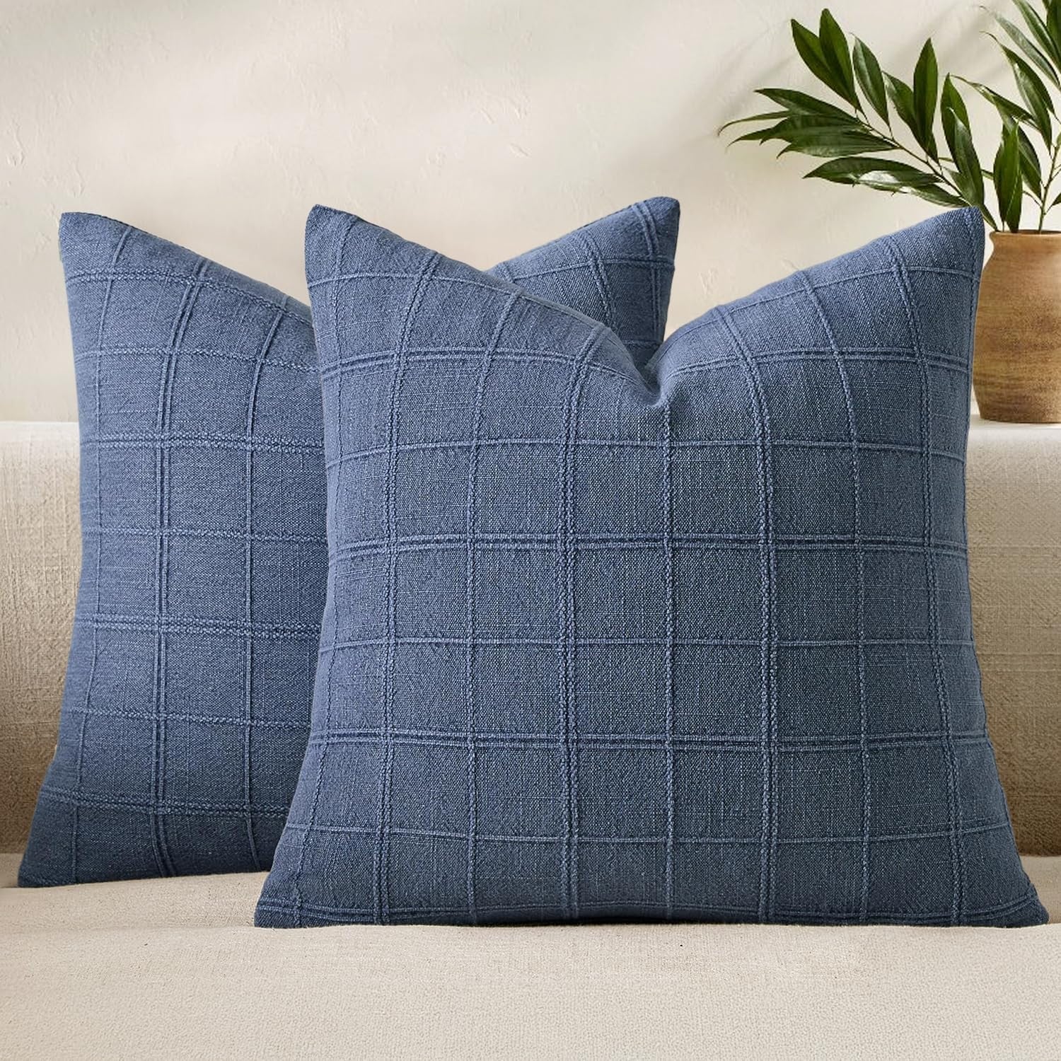 Set of two Woaboy linen check throw pillow covers in blue, 26x26 inches, farmhouse style, perfect for cozy living room decor.