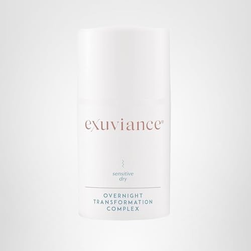 EXUVIANCE Overnight Transformation Complex hydrating night cream with hyaluronic acid, shown in a jar with a spoon for application.