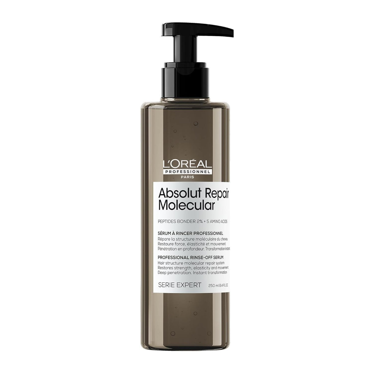 L'Oréal Professionnel Paris Absolut Repair molecular rinse-off serum applied to damaged hair, showing smooth, shiny hair strands.