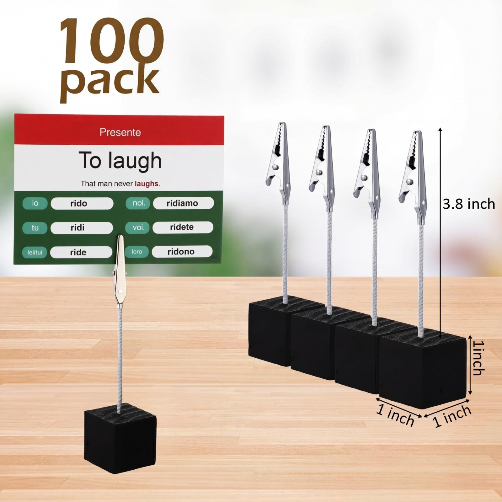 Set of 10 Gersoniel cube base memo clips with alligator clips on wooden table number holders for organizing notes and displays.