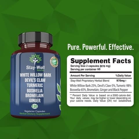 Stay-Well Naturals pain relief supplement with white willow bark, devil's claw, and turmeric capsules in a white bottle.