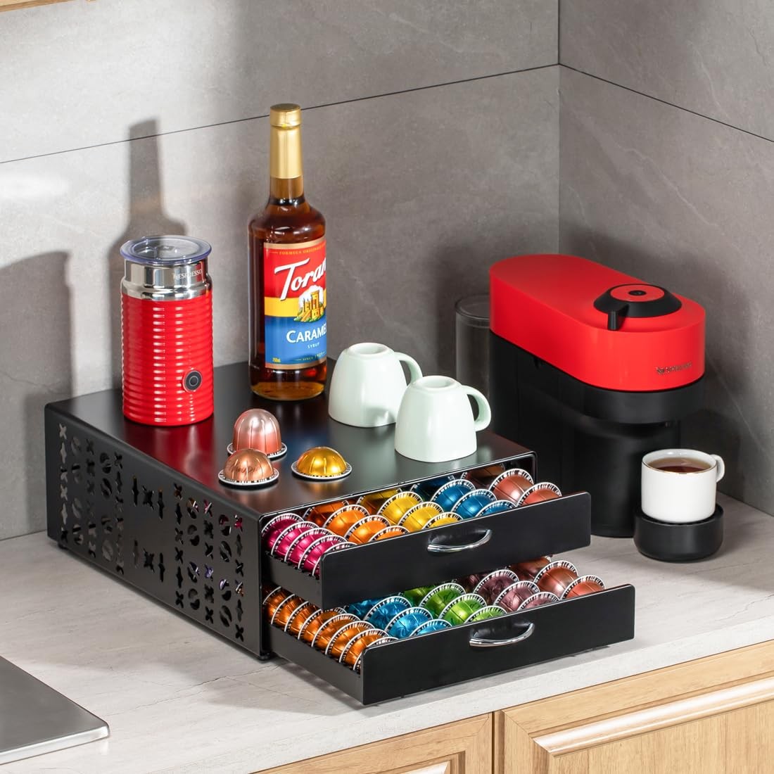 FlagShip Vertuo pod holder coffee storage organizer for Nespresso, large capacity, with multiple compartments for coffee pods.