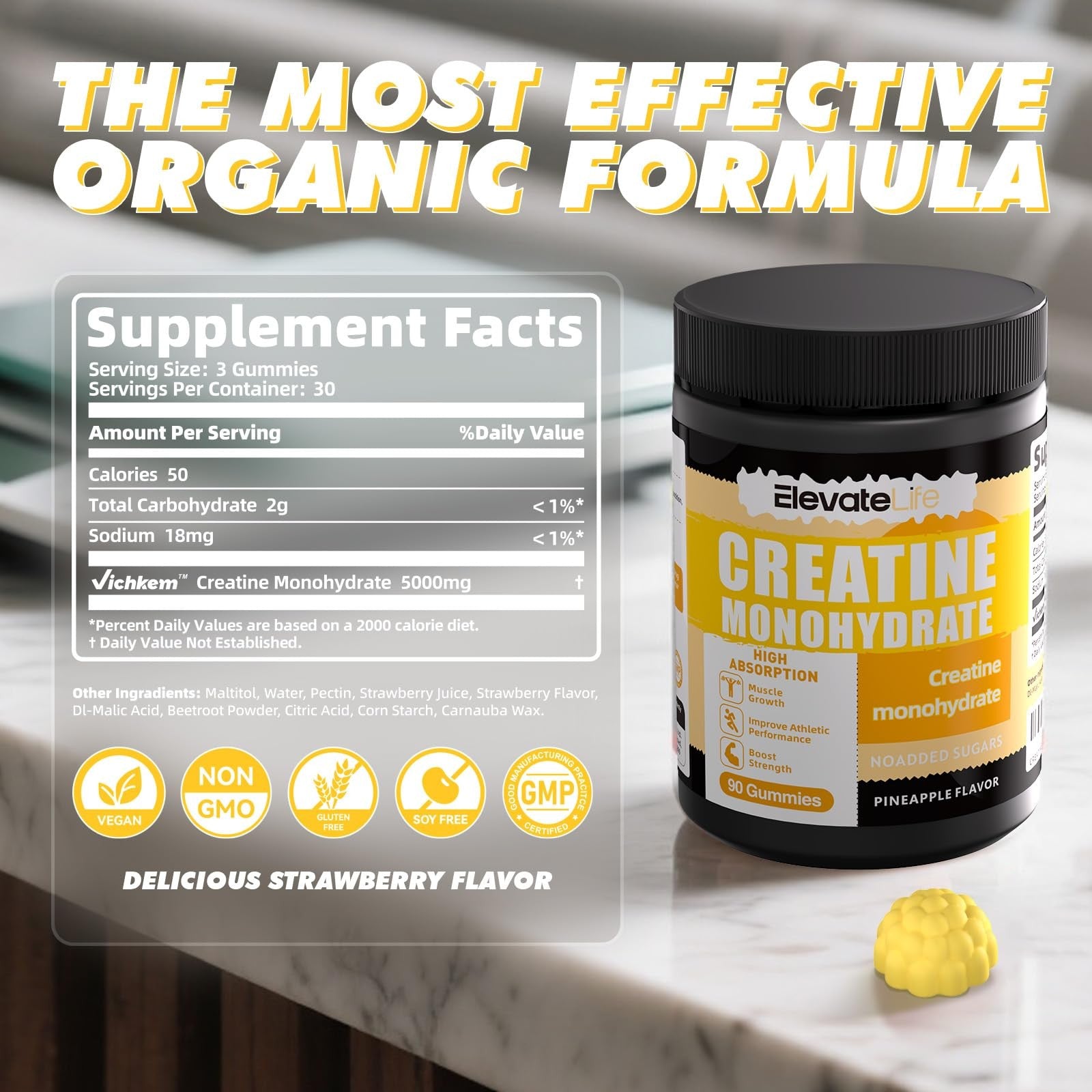 ElevateLife Creatine Monohydrate Gummies 5000mg chewables for men and women, showing colorful gummy supplements in a clear container.