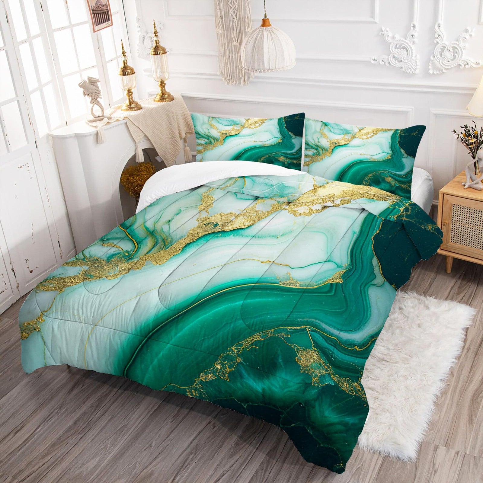 EDGZKO king size comforter set featuring green marble pattern with emerald green and gold glitter accents on bedding.