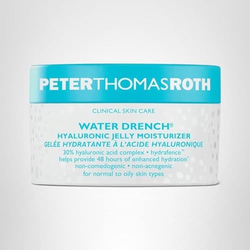 Peter Thomas Roth Water Drench Hyaluronic Jelly moisturizer in a clear refillable jar with a silver lid, showing the product label.