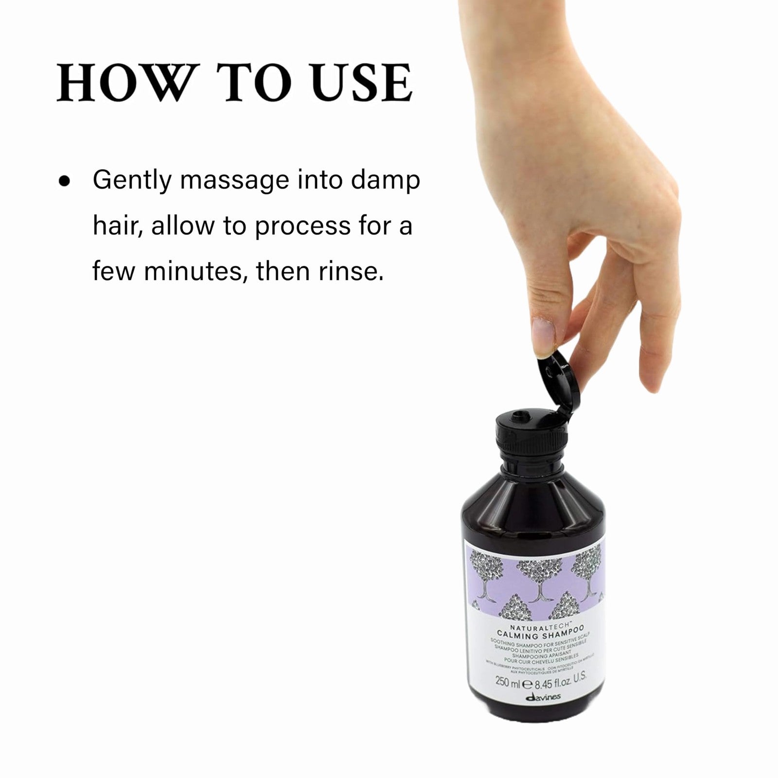 Davines Naturaltech CALMING Shampoo bottle with label, gentle cleansing for sensitive, itchy scalp, and soothing hair care.