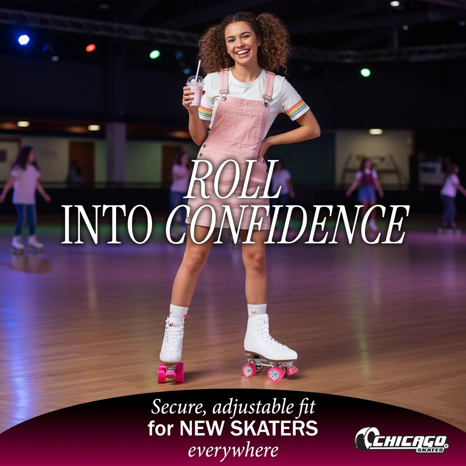 White quad roller skates for girls and women from Chicago Skates, featuring classic design and adjustable laces for beginners.