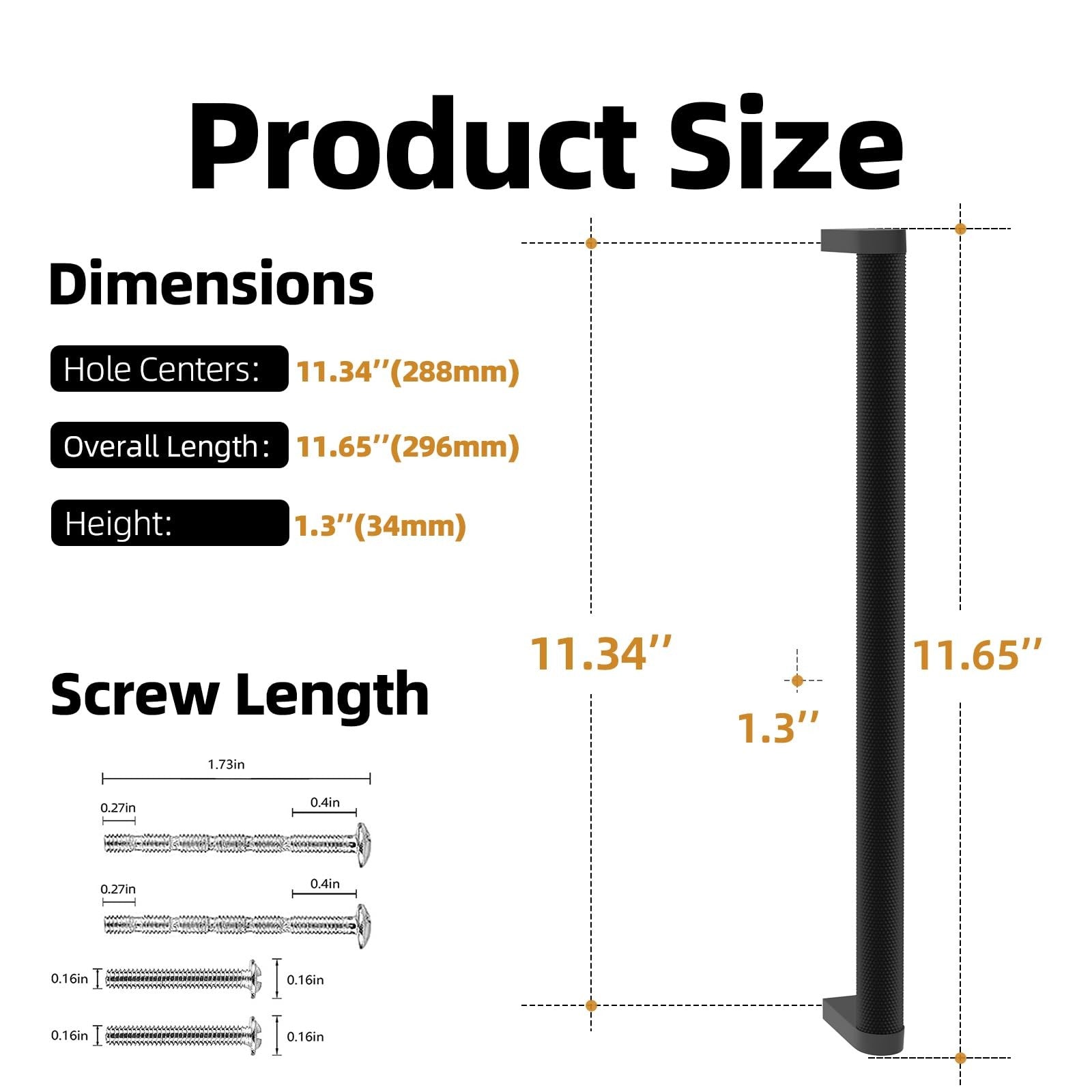 KOMOTIA 6-pack matte black knurled cabinet pulls with 11.3-inch hole center kitchen handles mounted on a cabinet door.