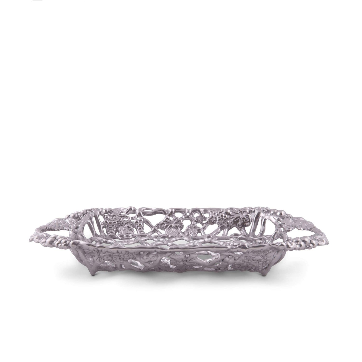 Arthur Court metal Pyrex glass casserole dish holder featuring a detailed grape pattern and sand casted finish.