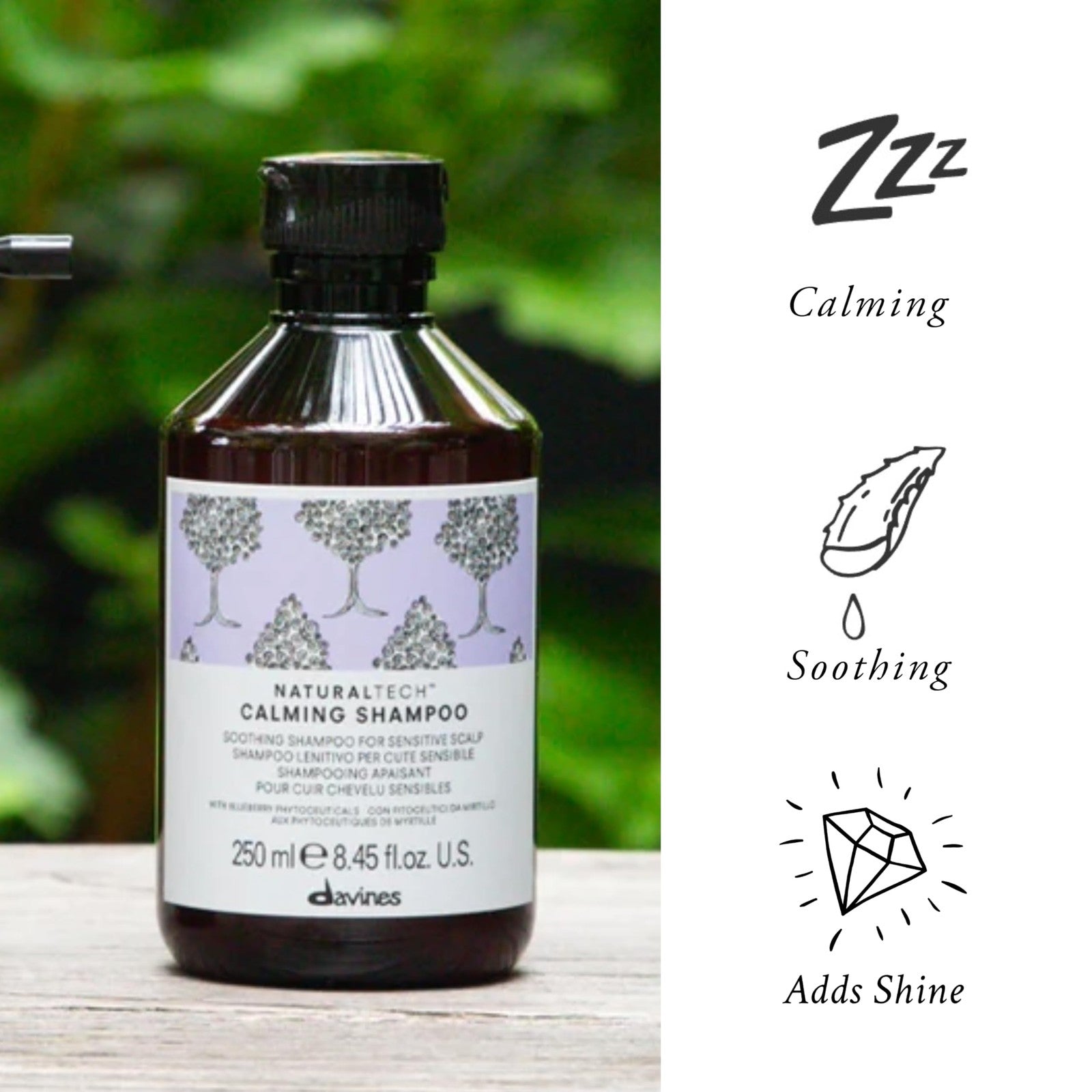 Davines Naturaltech CALMING Shampoo for gentle cleansing and relief of itchy, sensitive scalp; bottle with clear liquid and label.