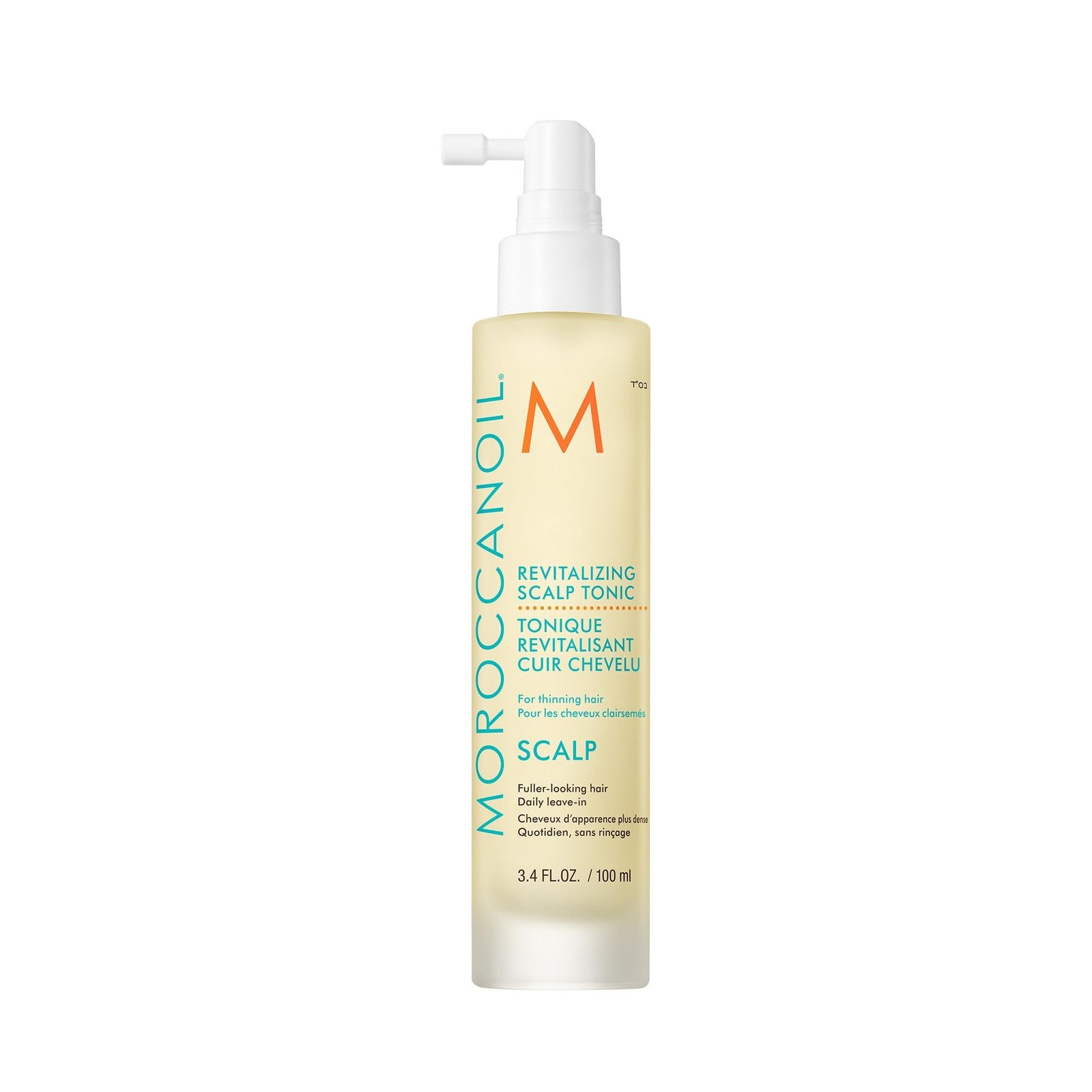 Moroccanoil Revitalizing Scalp Tonic Treatment for thinning hair, showing the product bottle and applicator tip on a white background.